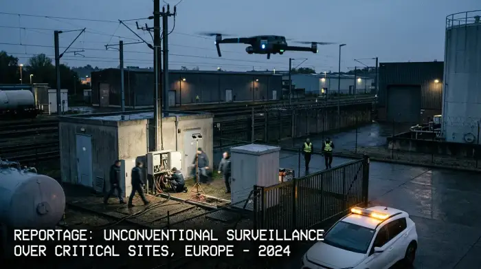 Drone survolant une infrastructure critique européenne la nuit, illustrant la guerre hybride russe sous le seuil du conflit ouvert.