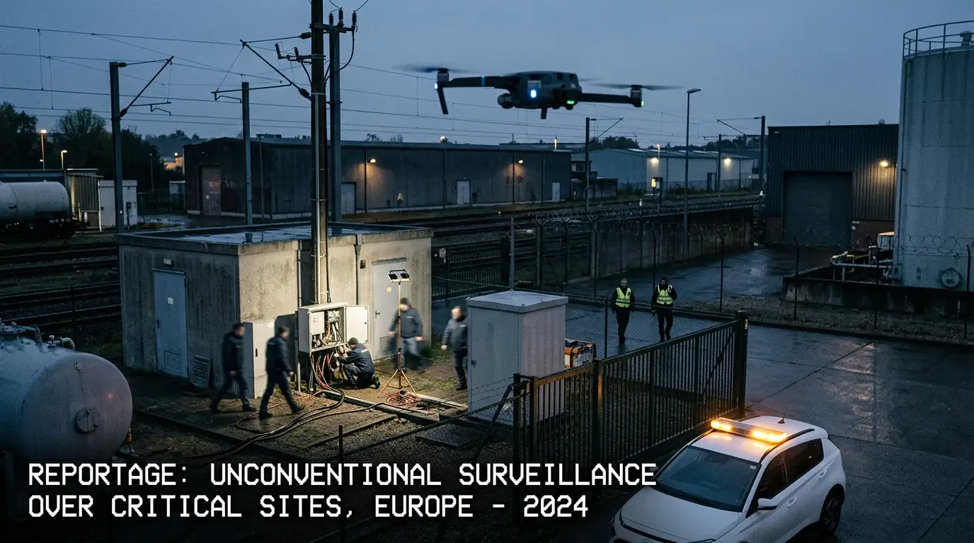 Drone survolant une infrastructure critique européenne la nuit, illustrant la guerre hybride russe sous le seuil du conflit ouvert.