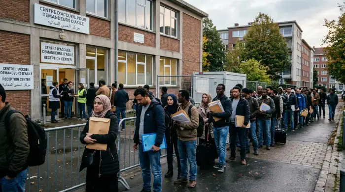 File de demandeurs d'asile devant un centre d'accueil européen, dossiers à la main.