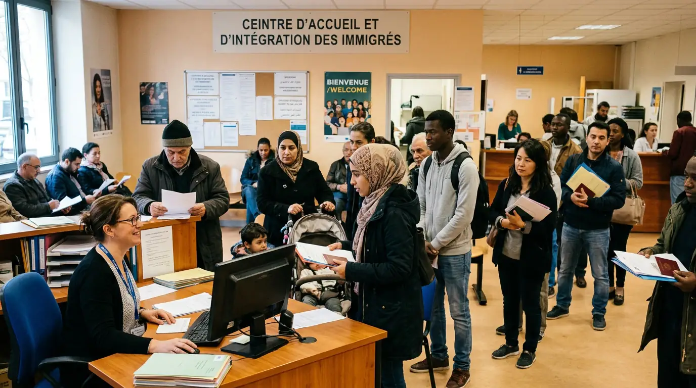 File d'attente diverse devant un guichet administratif, illustrant l'accueil et l'intégration des immigrés.