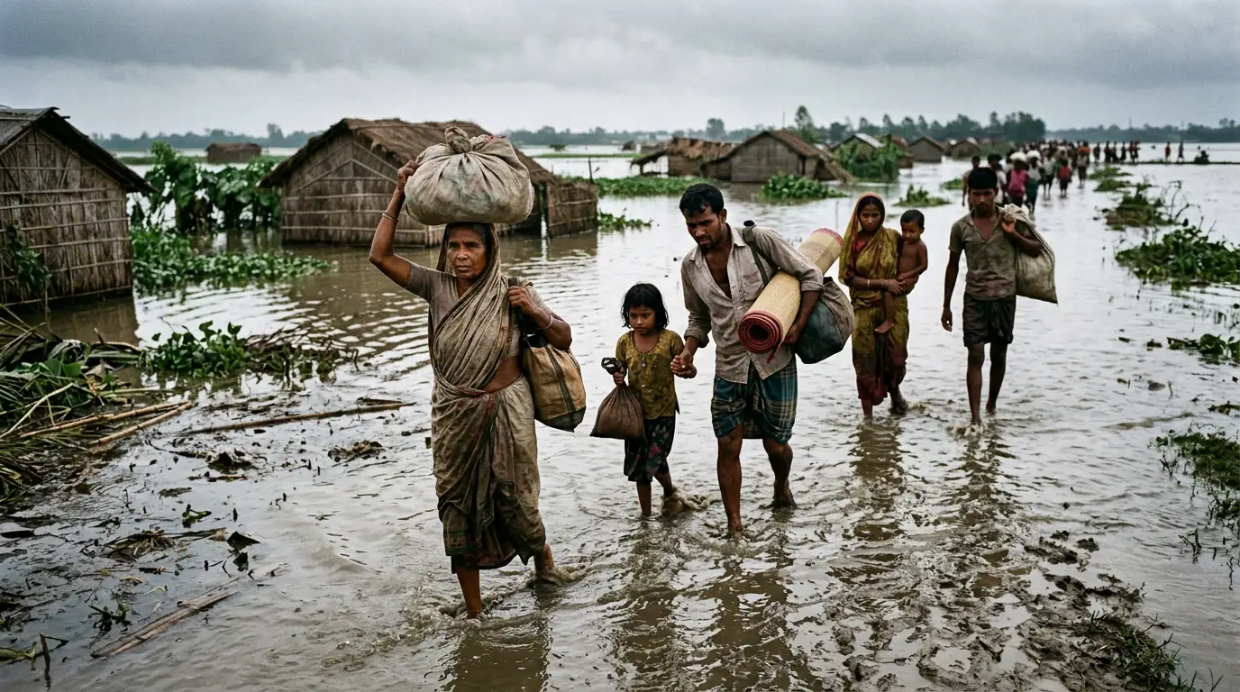 Habitants traversant une zone inondée avec leurs affaires, illustration des migrations climatiques.