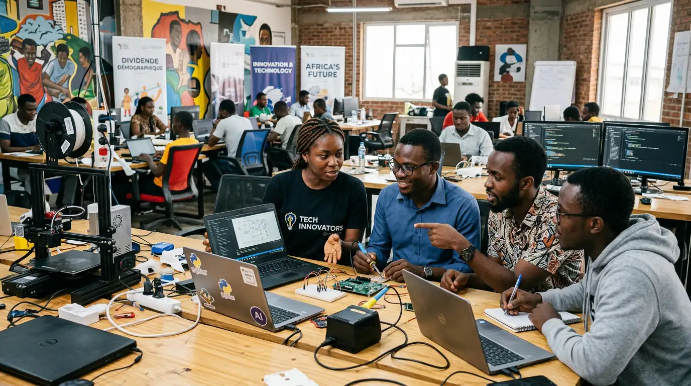 Jeunes ingénieurs africains travaillant dans un centre technologique, illustration du dividende démographique.