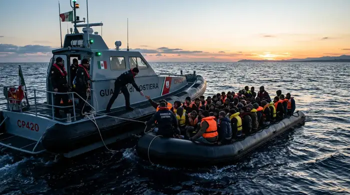 Garde-frontières et embarcation de migrants en mer Méditerranée au lever du jour.