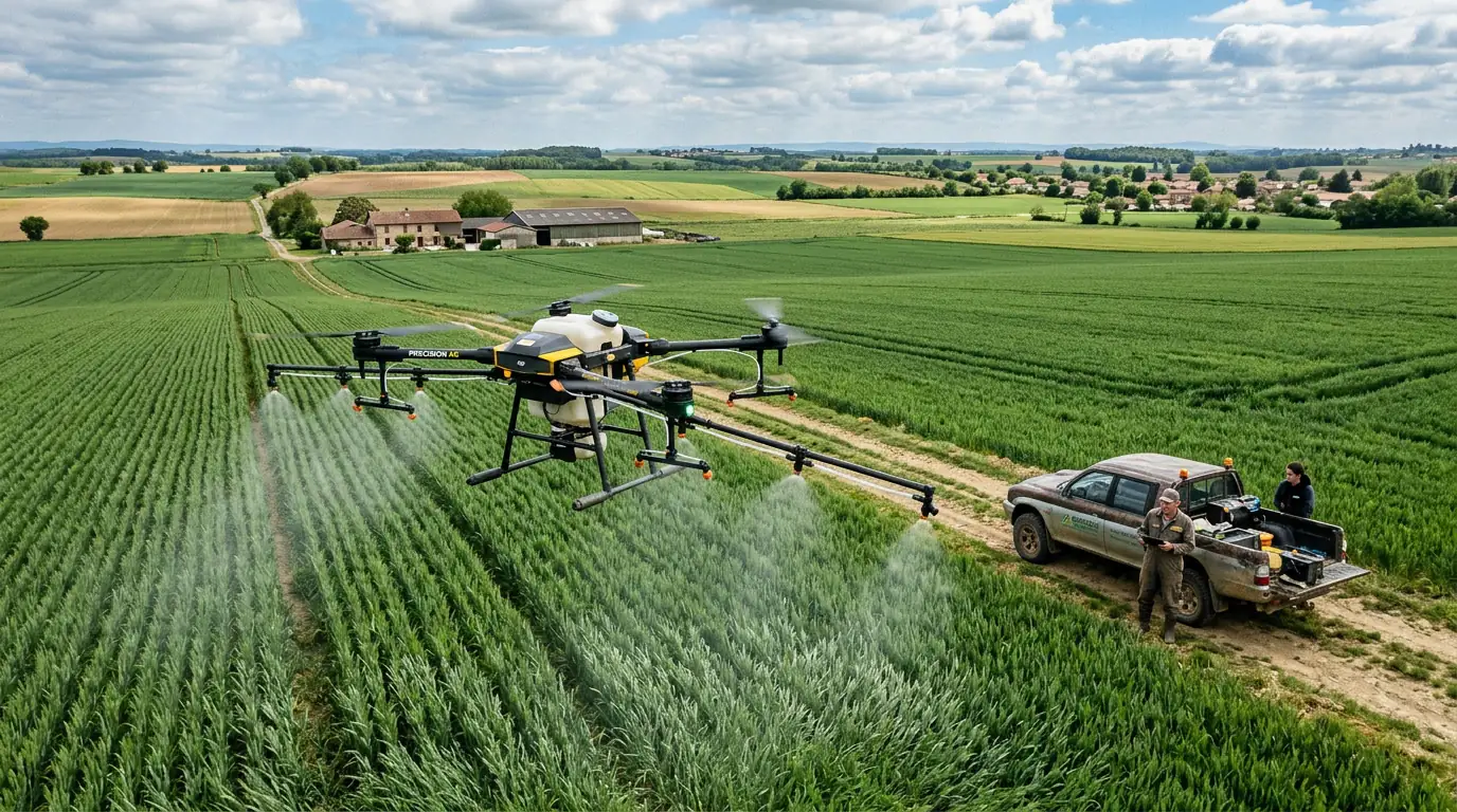 Drone agricole survolant un champ cultivé, illustrant l'agriculture de précision et les nouvelles technologies de production alimentaire.