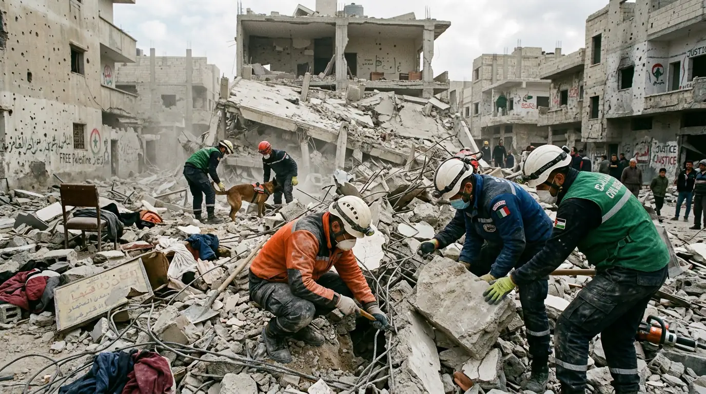 Équipe de secours fouillant les décombres d'un bâtiment effondré dans une région marquée par les tensions politiques.