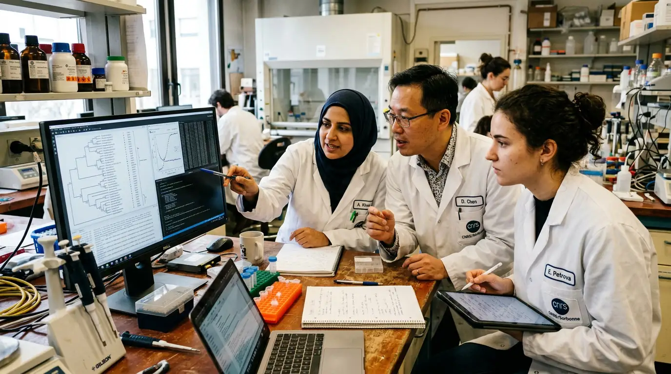 Chercheurs de nationalités différentes collaborant autour d'un écran dans un laboratoire.