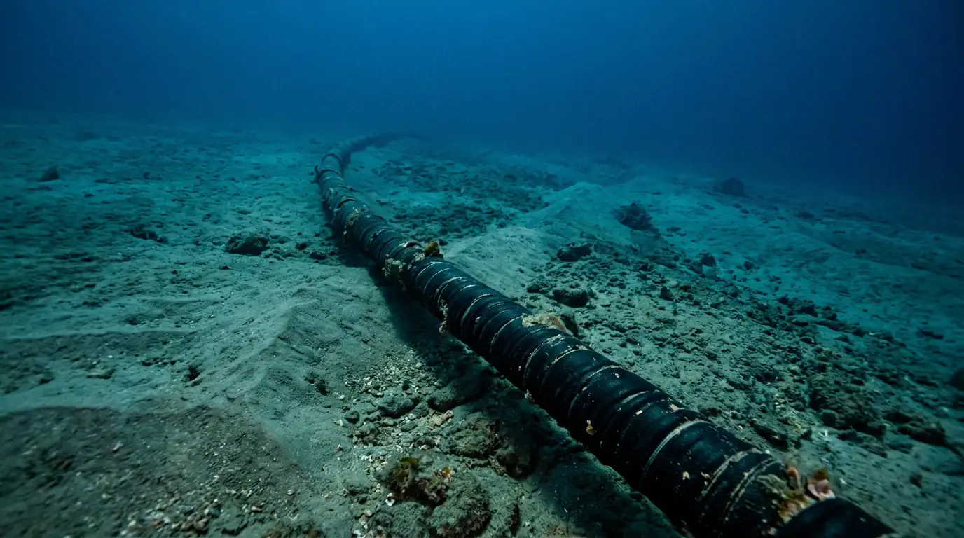 Câble sous-marin à fibre optique posé sur le fond marin, reliant deux continents.