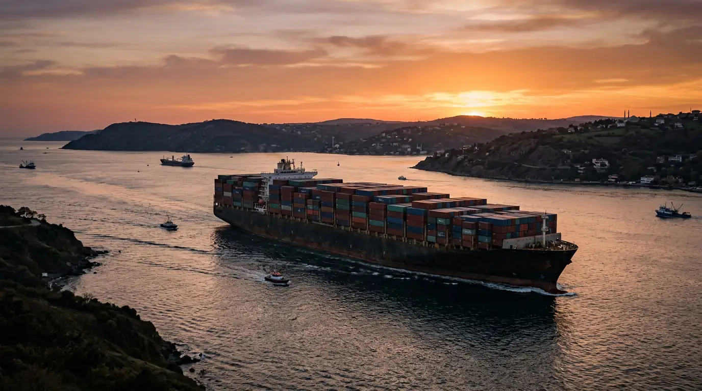 Porte-conteneurs géant naviguant dans un détroit maritime au coucher du soleil.