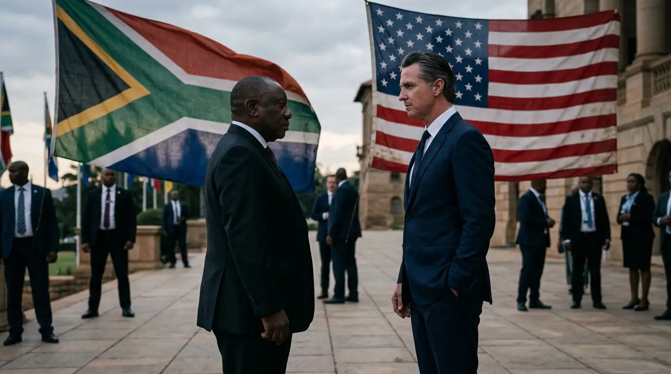 Drapeaux de l'Afrique du Sud et des États-Unis se faisant face, symbole d'une relation diplomatique sous tension.