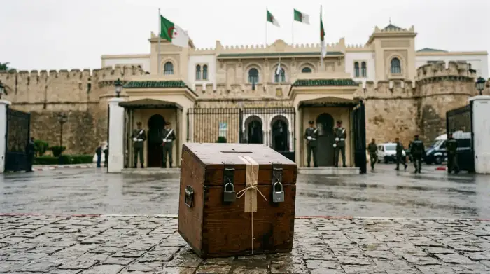 Urne de vote fermée devant le palais présidentiel d'Alger, symbole du verrouillage du champ politique algérien.