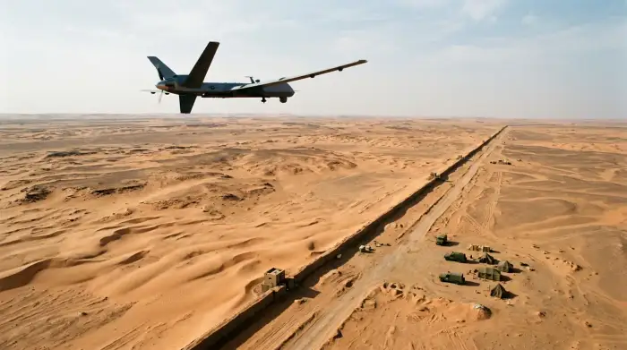 Vue d'un drone de combat survolant le désert du Sahara occidental, près du mur de sable marocain.