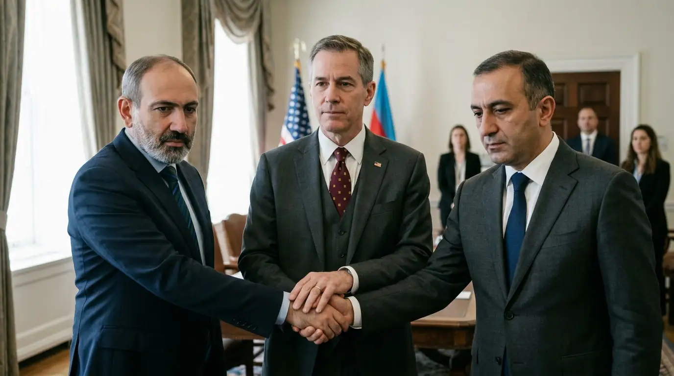 Poignée de main entre dirigeants arménien et azerbaïdjanais sous l'égide américaine, symbole d'une paix négociée en position de faiblesse.