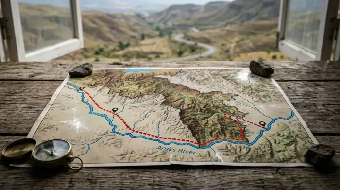 Carte stylisée du sud de l'Arménie montrant un tracé ferroviaire reliant l'Azerbaïdjan à l'enclave du Nakhitchevan le long de la rivière Araxe.