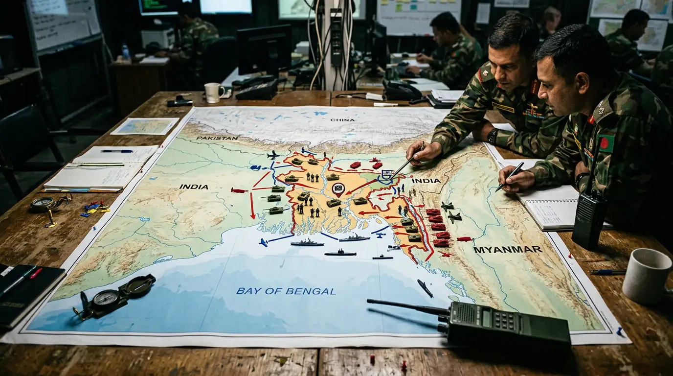 Carte stratégique du golfe du Bengale montrant le Bangladesh entre l'Inde, la Chine et le Pakistan, avec des symboles militaires.