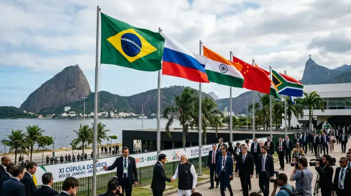 Drapeaux des pays membres des BRICS alignés lors du sommet de Rio, illustrant le rôle du Brésil dans l'alliance.