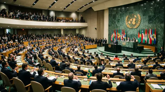 Salle de l'Assemblée générale des Nations unies, symbole des institutions que le Brésil veut réformer.