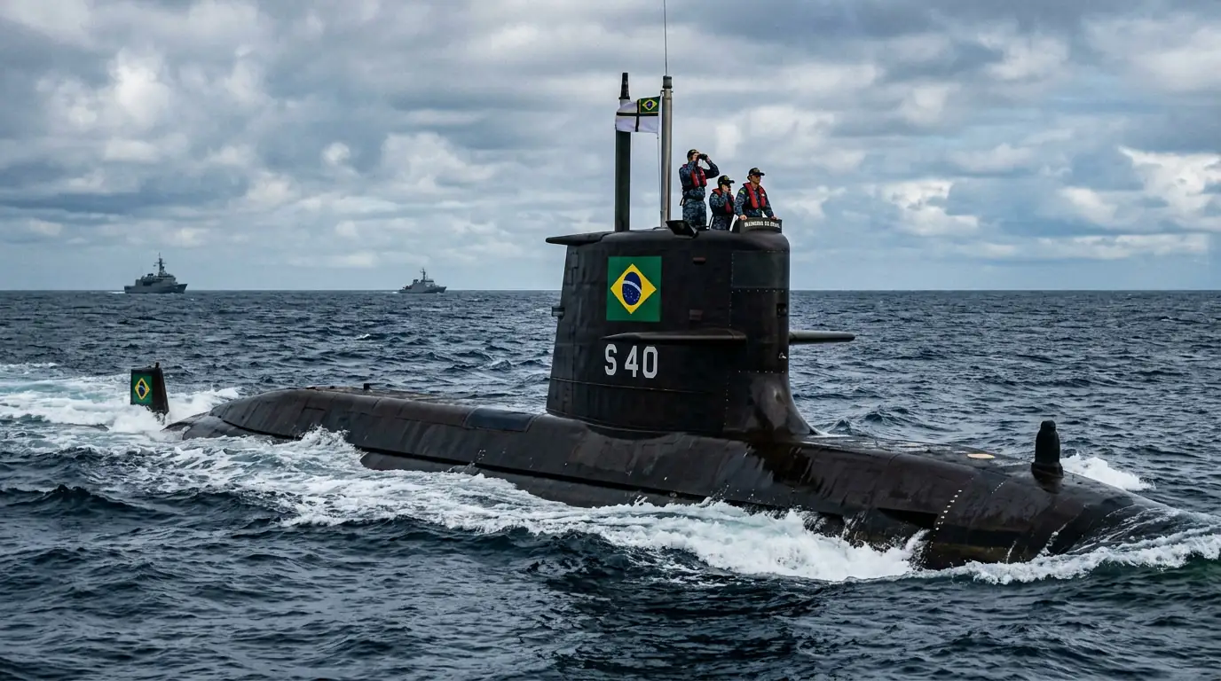 Sous-marin de la marine brésilienne en mer, illustrant la défense de l'Atlantique Sud.