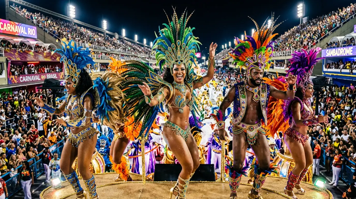 Danseurs de samba en costumes colorés lors du carnaval de Rio de Janeiro, vitrine culturelle du Brésil.
