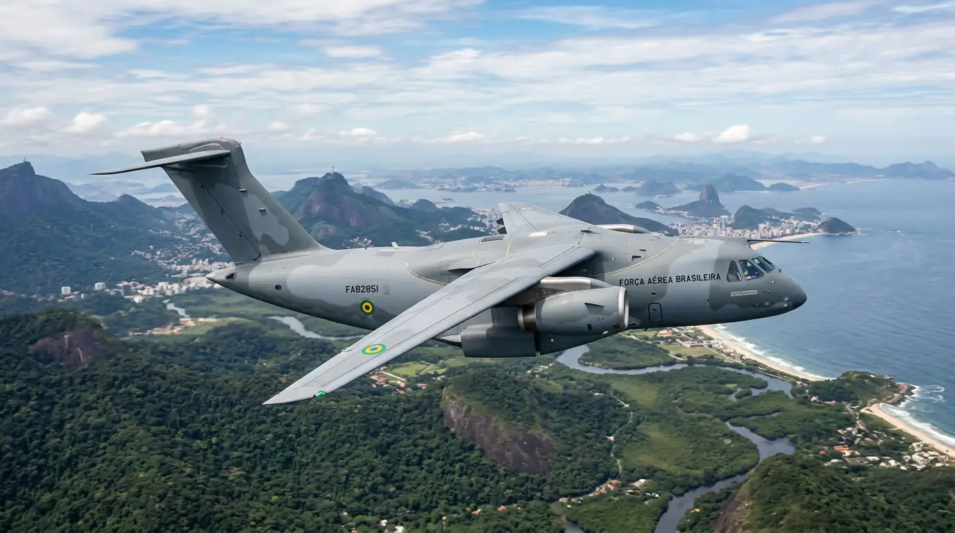 Avion de transport militaire Embraer C-390 Millennium en vol représentant l'industrie aéronautique brésilienne