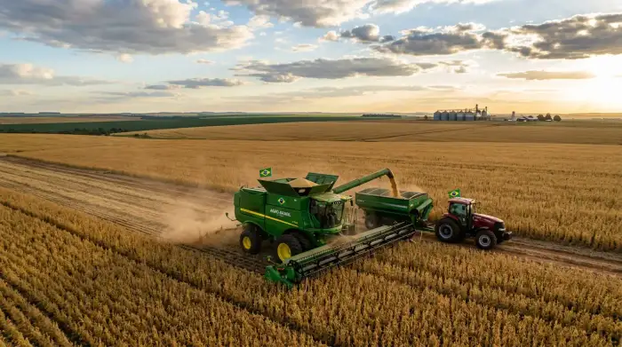 Champ de soja brésilien à perte de vue avec une moissonneuse, symbole de la puissance agricole du pays.