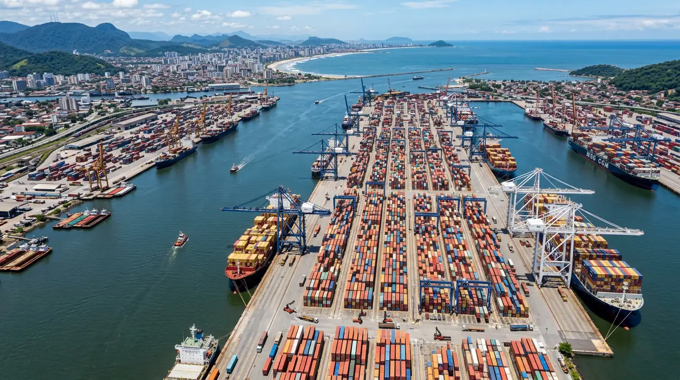 Vue aérienne des terminaux à conteneurs du port de Santos, premier complexe portuaire du Brésil.