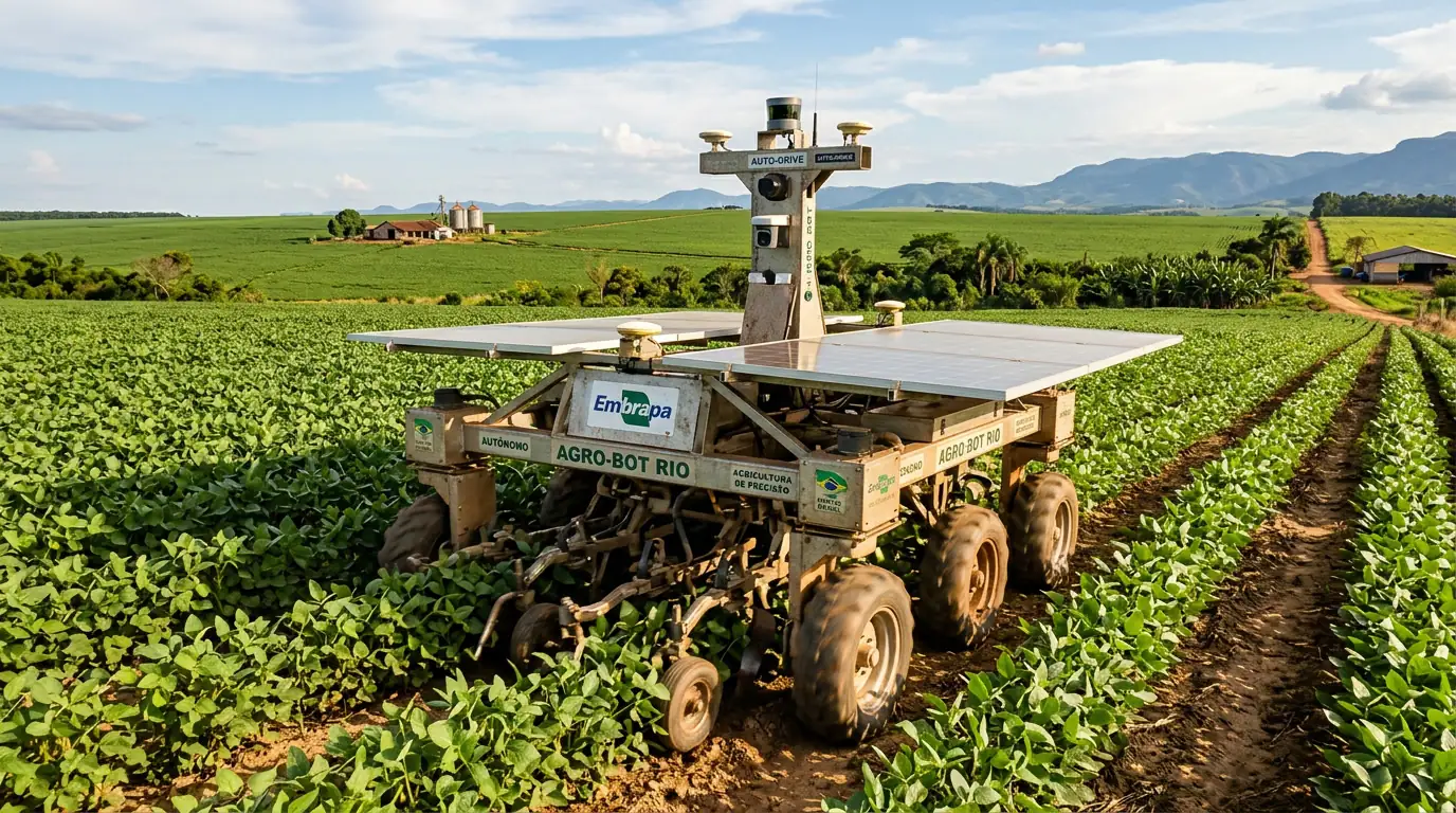 Robot agricole autonome à panneaux solaires dans un champ de soja au Brésil.