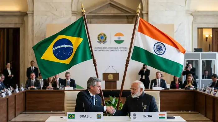 Drapeaux du Brésil et de l'Inde côte à côte lors d'une rencontre diplomatique officielle.