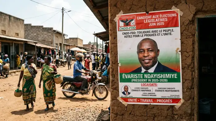 Une affiche de campagne du CNDD-FDD placardée sur un mur à Gitega lors des élections législatives burundaises de juin 2025, dans une rue où passent quelques passants.