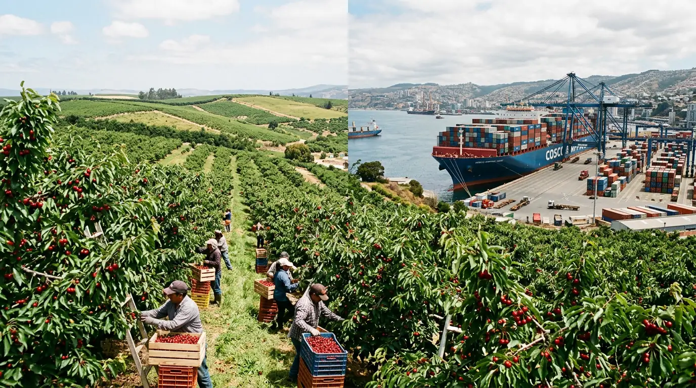 Vergers de cerisiers de la vallée centrale chilienne et cargo porte-conteneurs au port de Valparaíso, symboles du modèle agro-exportateur.