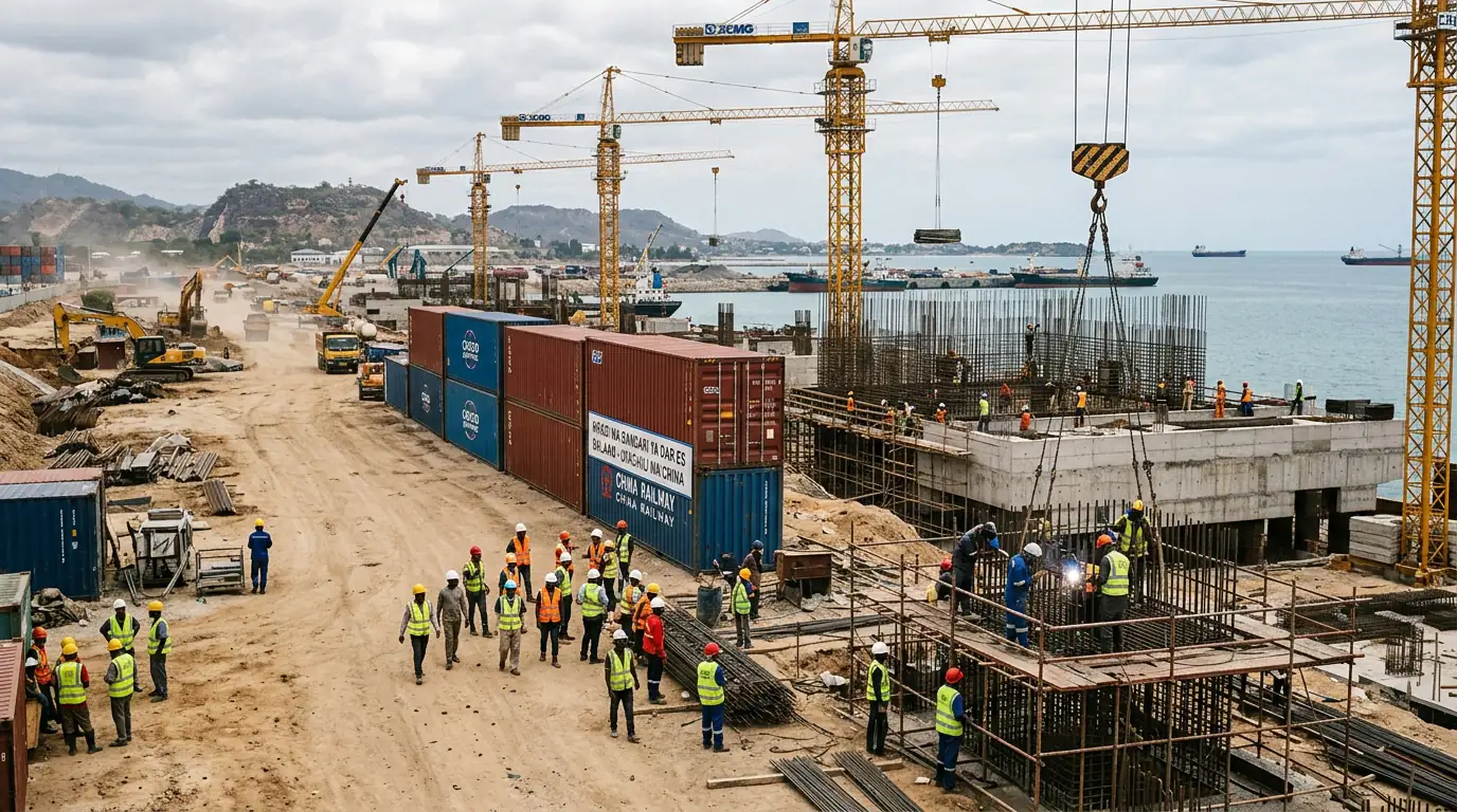 Chantier d'infrastructure financé par la Chine avec grues et conteneurs dans un pays en développement.