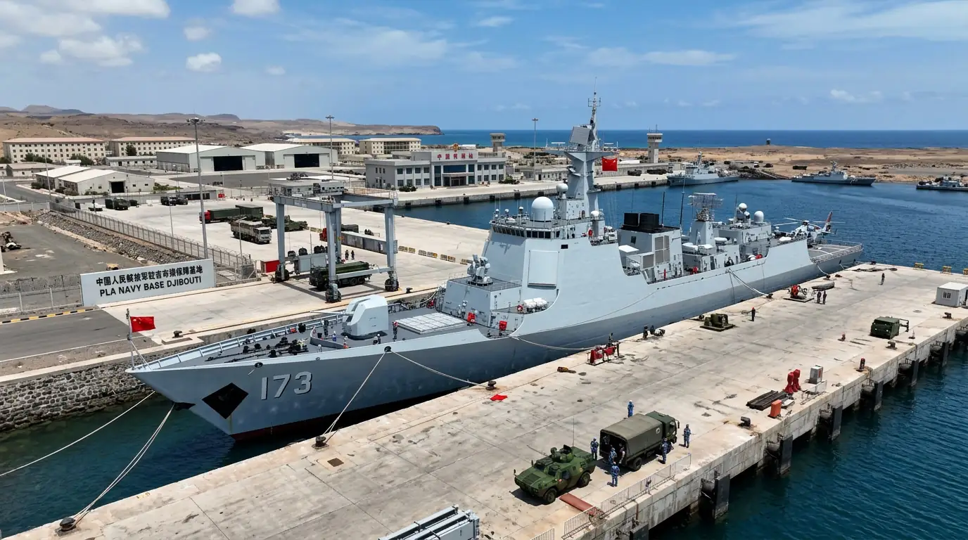Navire de guerre amarré à un quai militaire, évoquant la base navale chinoise de Djibouti.