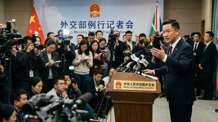 Porte-parole chinois s'exprimant face à la presse, symbole de la diplomatie du loup-guerrier