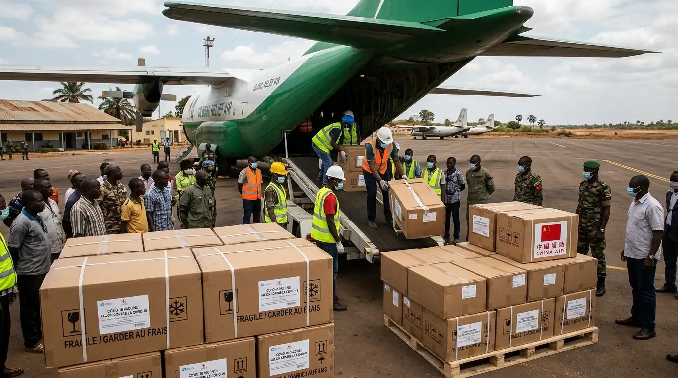 Cartons de vaccins chinois déchargés d'un avion-cargo lors d'une livraison à un pays en développement
