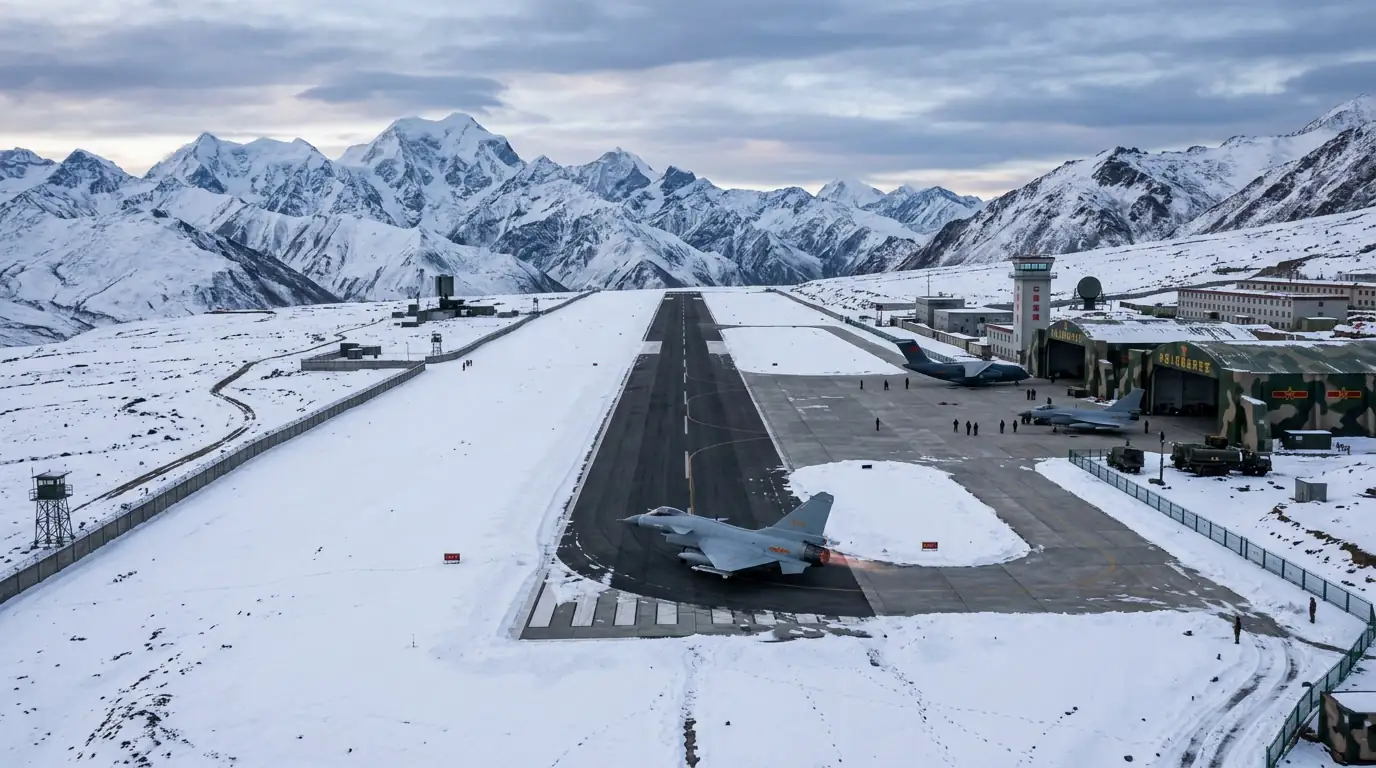 Piste d'aérodrome militaire chinois sur un haut plateau himalayen enneigé