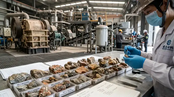 Échantillons de minerais de terres rares dans une installation de traitement industrielle.
