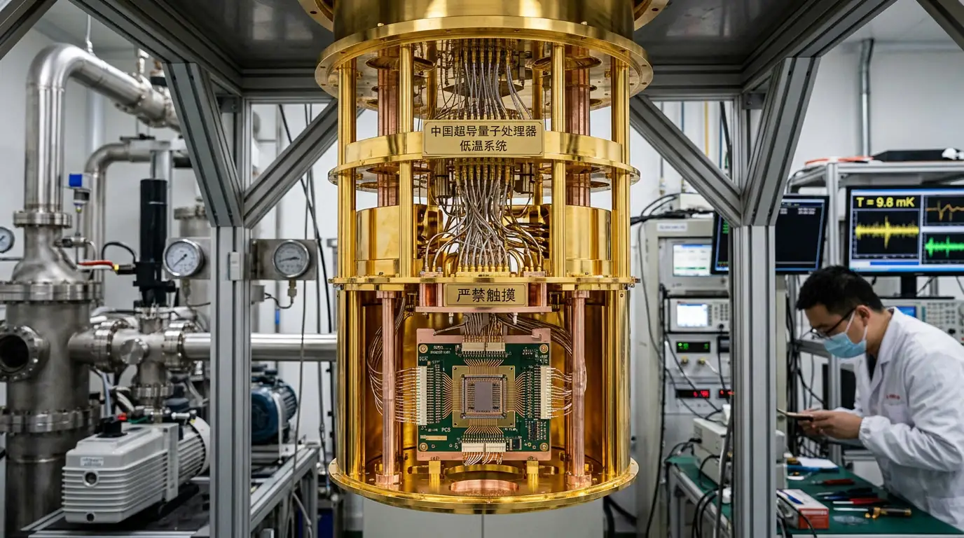 Processeur quantique supraconducteur chinois refroidi, suspendu dans un cryostat doré