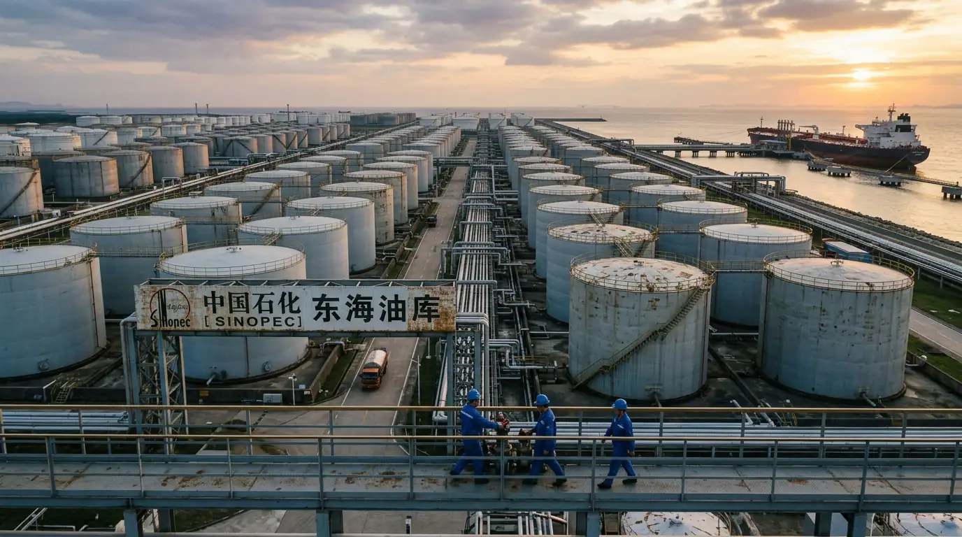 Vastes réservoirs de stockage de pétrole brut sur un terminal pétrolier en Chine