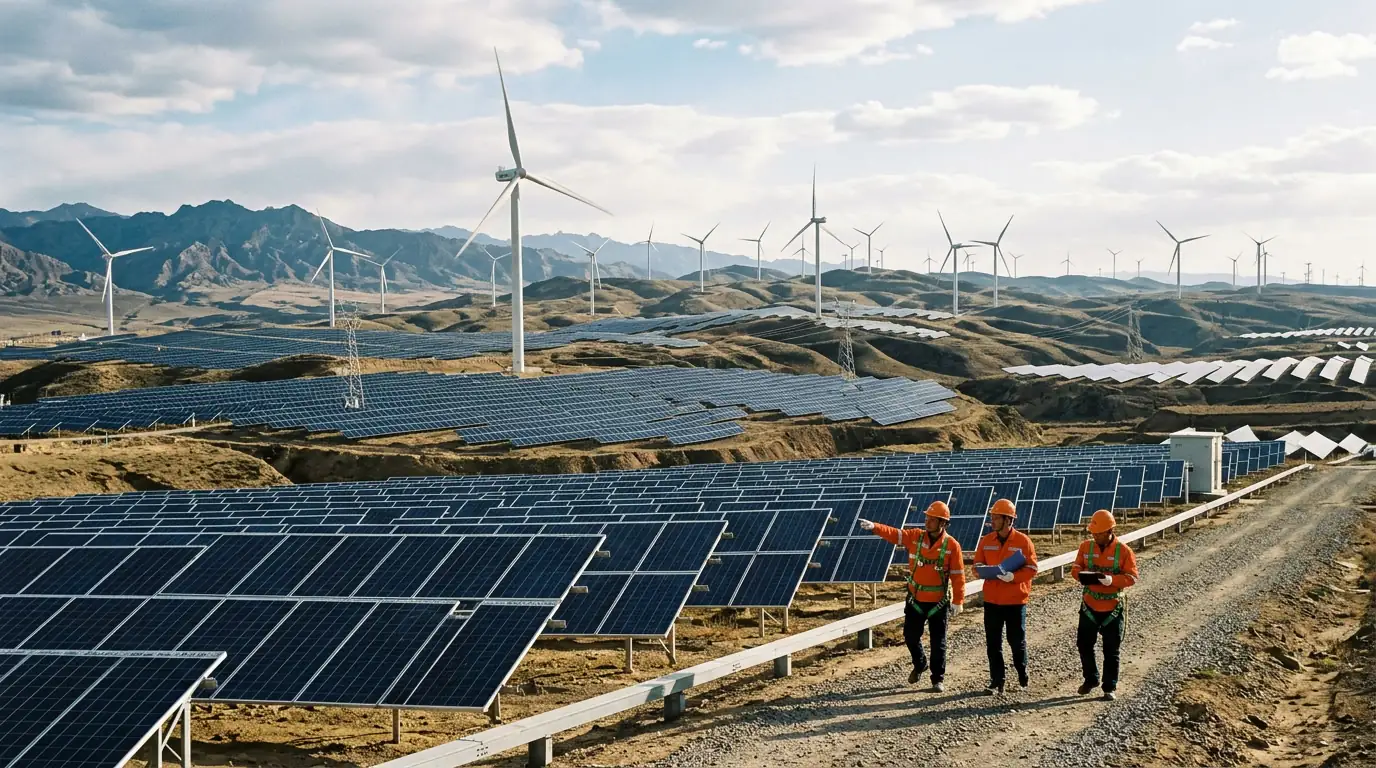 Champ de panneaux solaires et éoliennes en Chine illustrant la transition énergétique
