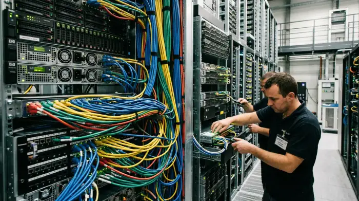Câbles réseau et serveurs symbolisant l'infrastructure numérique mondiale.