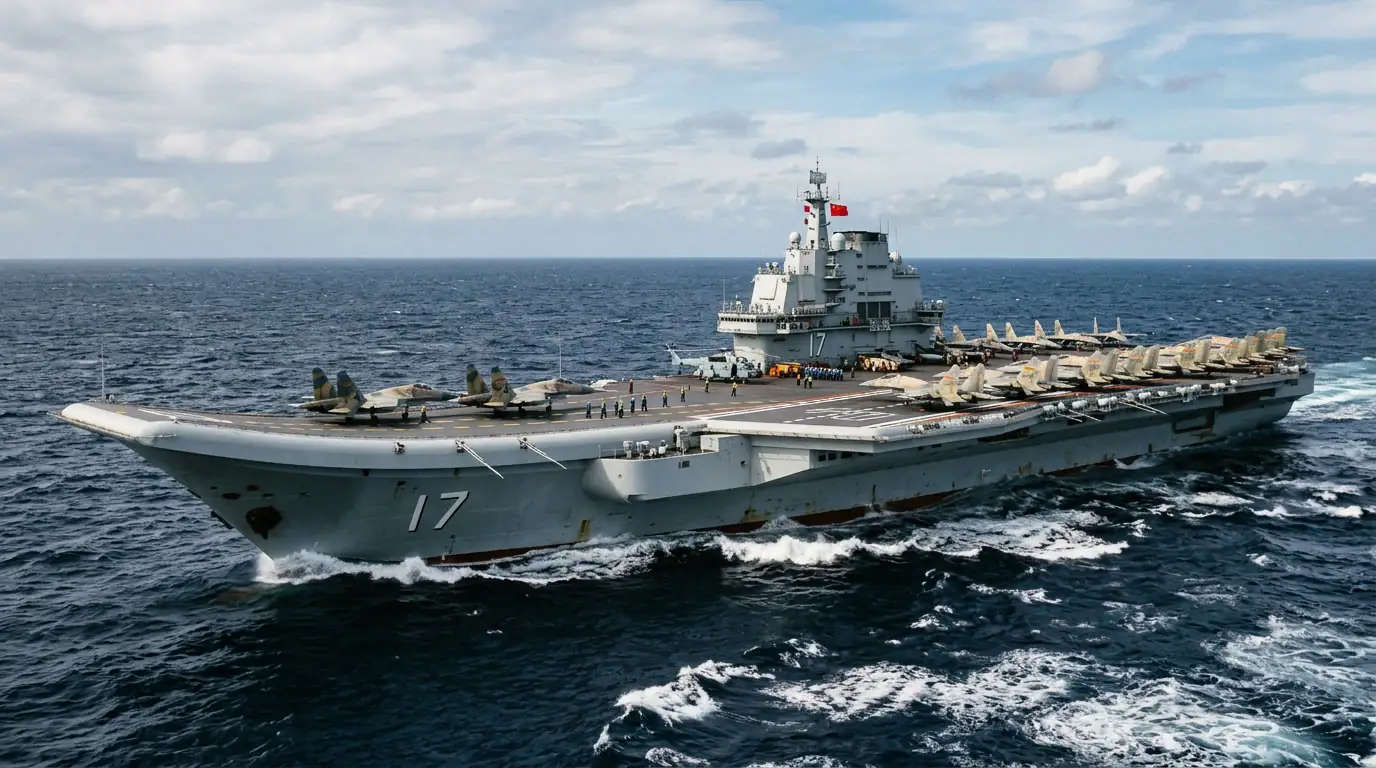 Porte-avions chinois naviguant en haute mer avec des avions de chasse sur le pont d'envol.