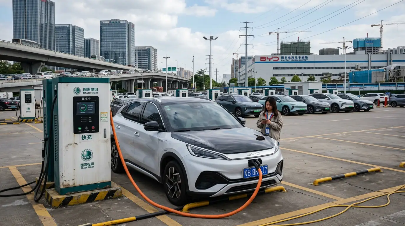 Voiture électrique chinoise en charge sur une borne, illustrant l'essor industriel du secteur.