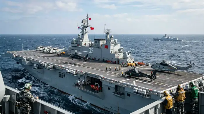 Navire d'assaut amphibie chinois en mer avec hélicoptères sur le pont
