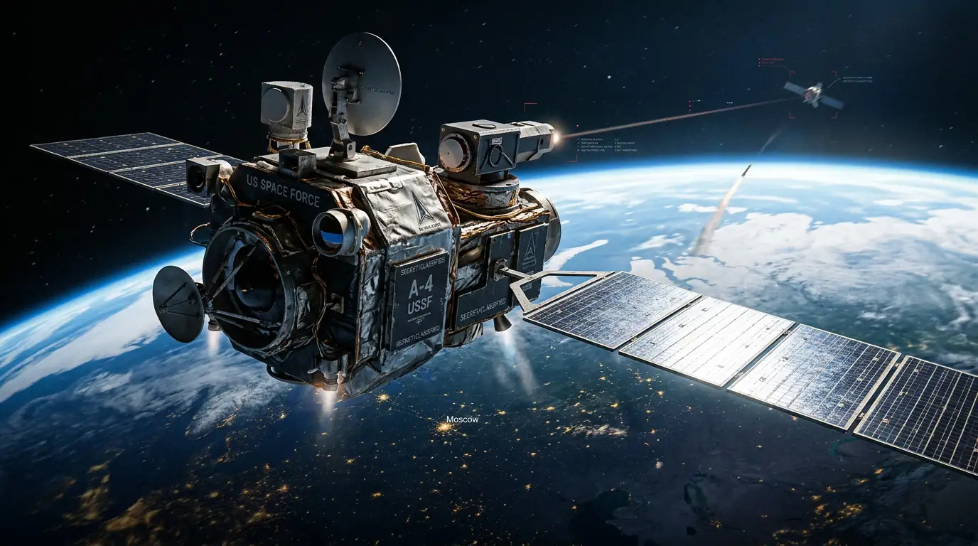 Satellite en orbite au-dessus de la Terre, illustrant les enjeux de la militarisation de l'espace.