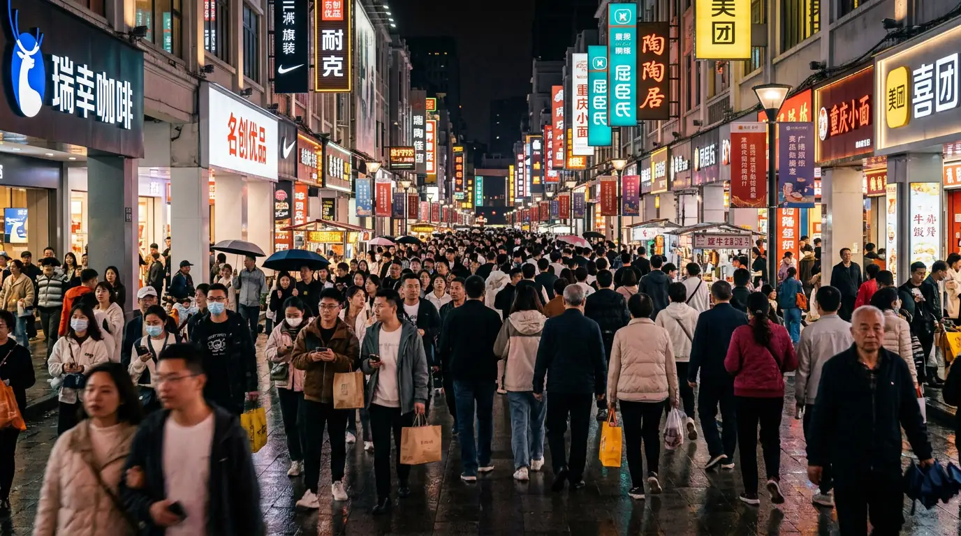 Rue commerçante animée d'une métropole chinoise, enseignes lumineuses et foule de consommateurs