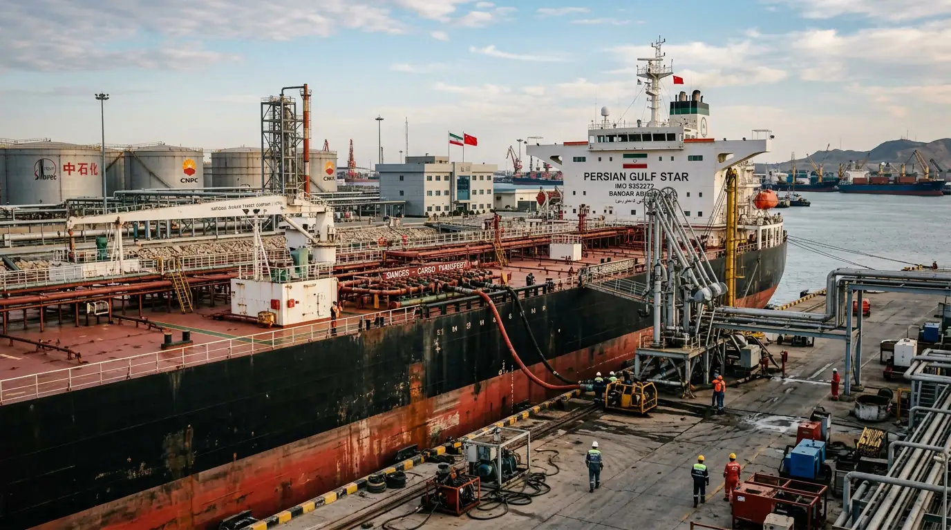 Pétrolier amarré dans un terminal portuaire, symbole du commerce pétrolier sino-iranien