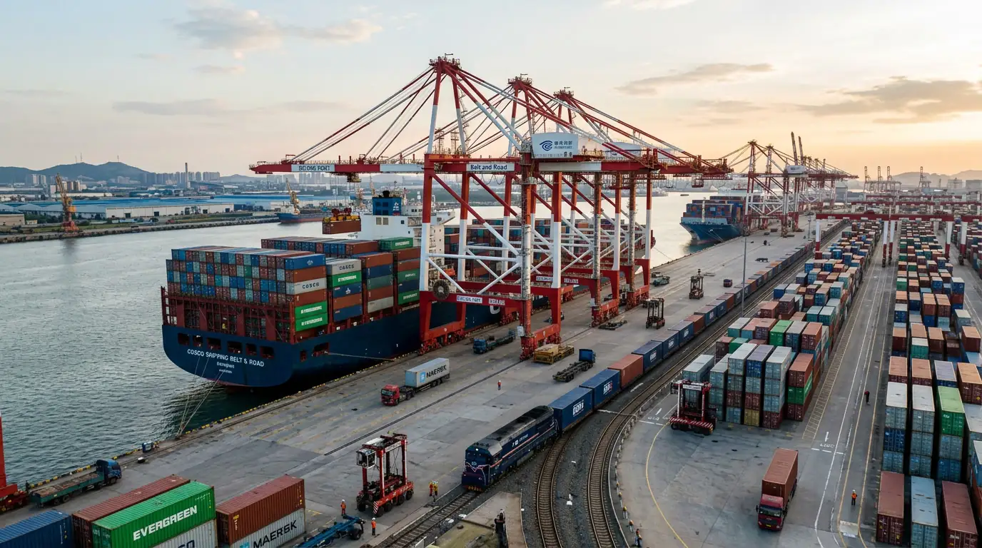 Porte-conteneurs et grues portuaires illustrant un corridor commercial de la Belt and Road.