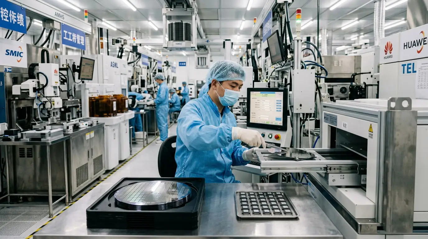 Plaquette de silicium et puces électroniques dans une usine de semi-conducteurs en Chine