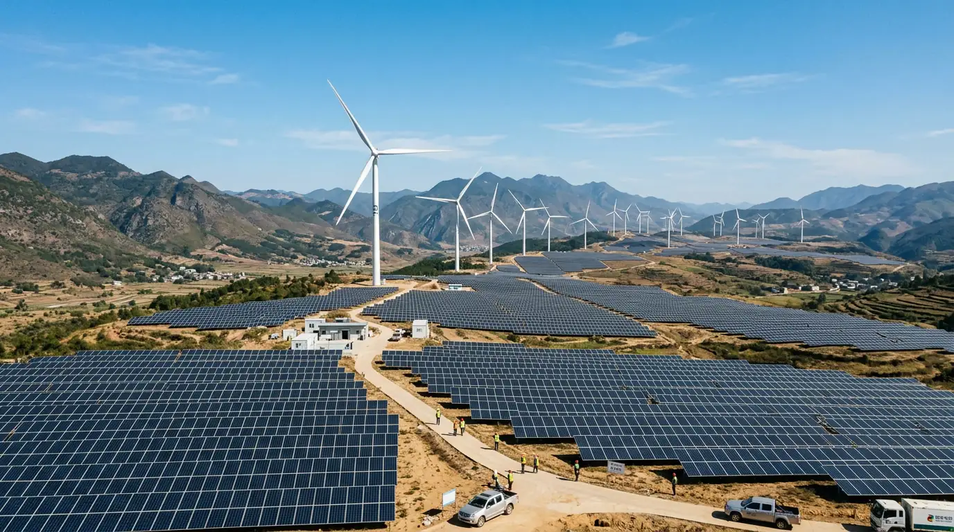 Parc solaire et éoliennes côte à côte dans un paysage chinois, sous un ciel dégagé