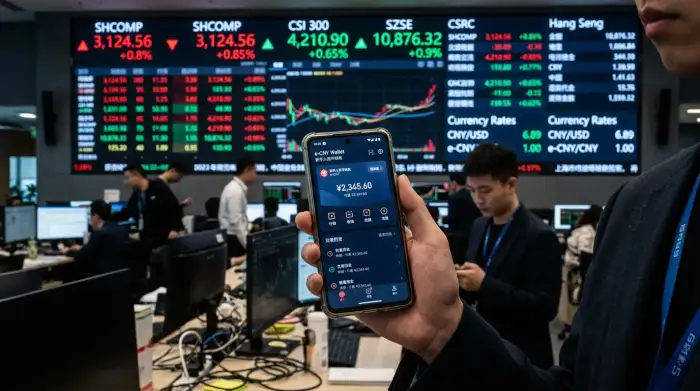 Smartphone affichant un portefeuille de yuan numérique devant un écran de cotations financières.