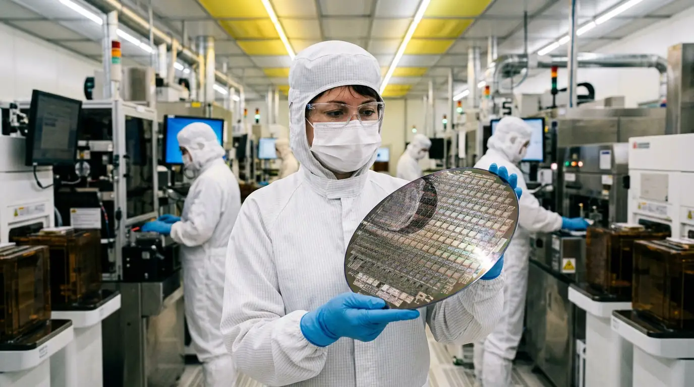 Galette de silicium gravée de puces électroniques tenue dans une salle blanche.